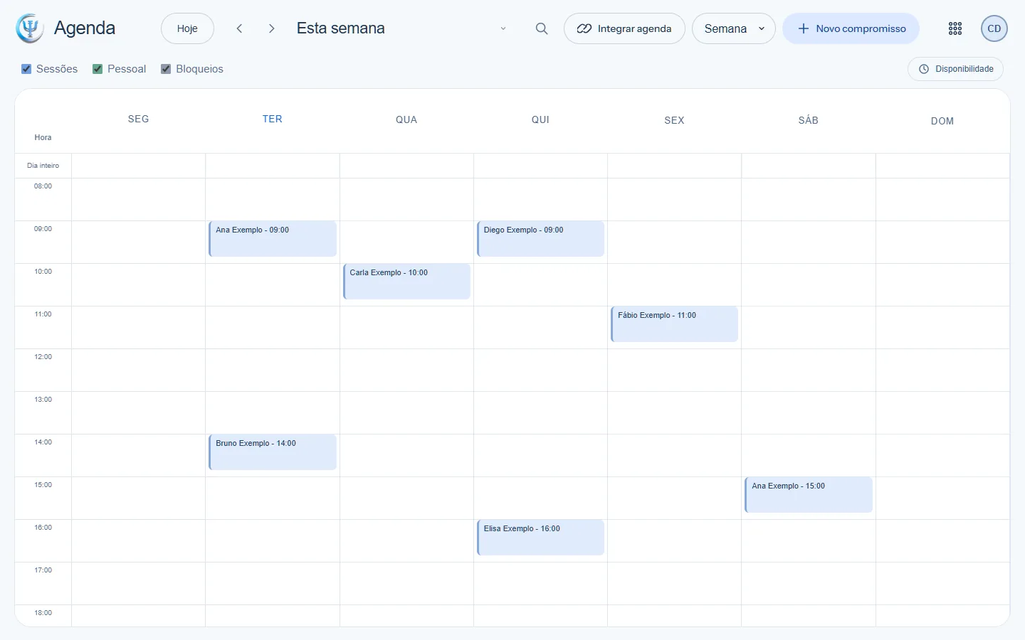 Tela da Agenda da OriaPsi: semana com sessões de pacientes de exemplo distribuídas pelos dias e horários.