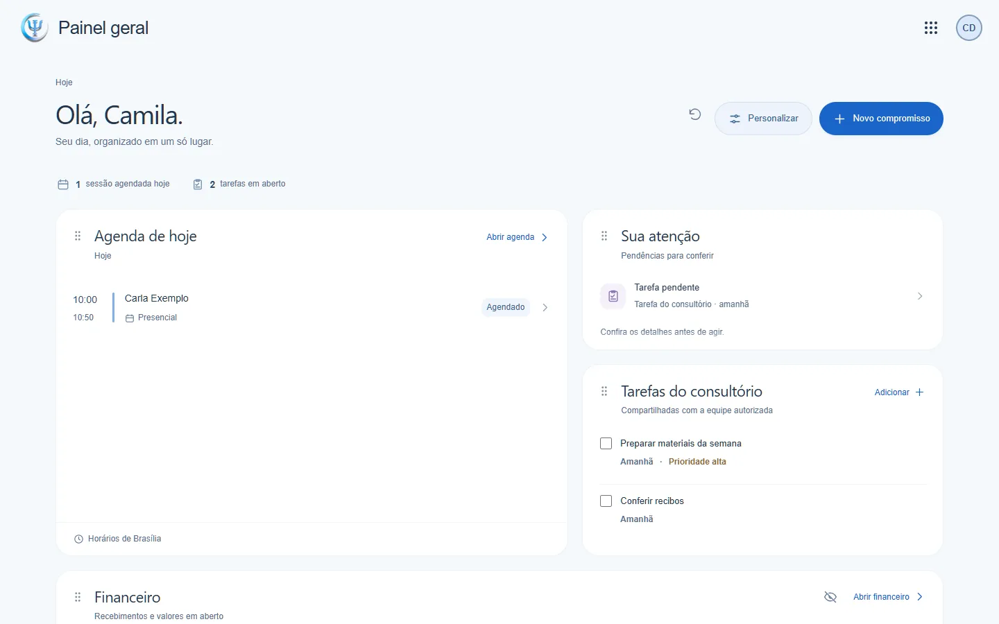 Tela do Painel geral da OriaPsi: agenda de hoje, pendências para conferir e tarefas do consultório.
