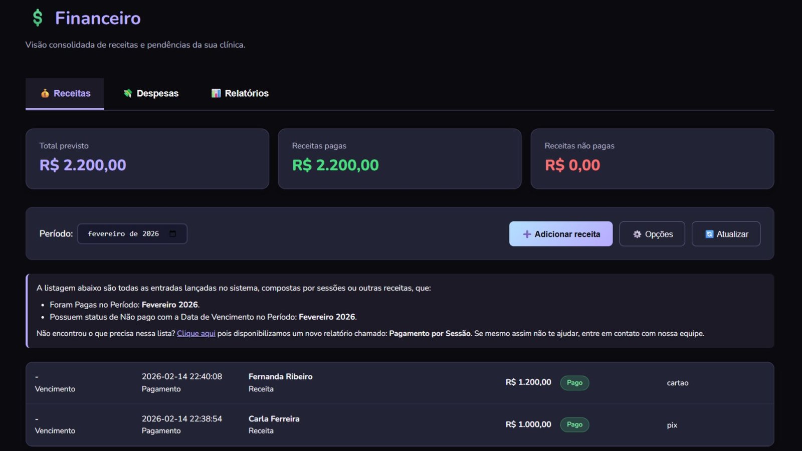 Screenshot do Financeiro OriaPsi