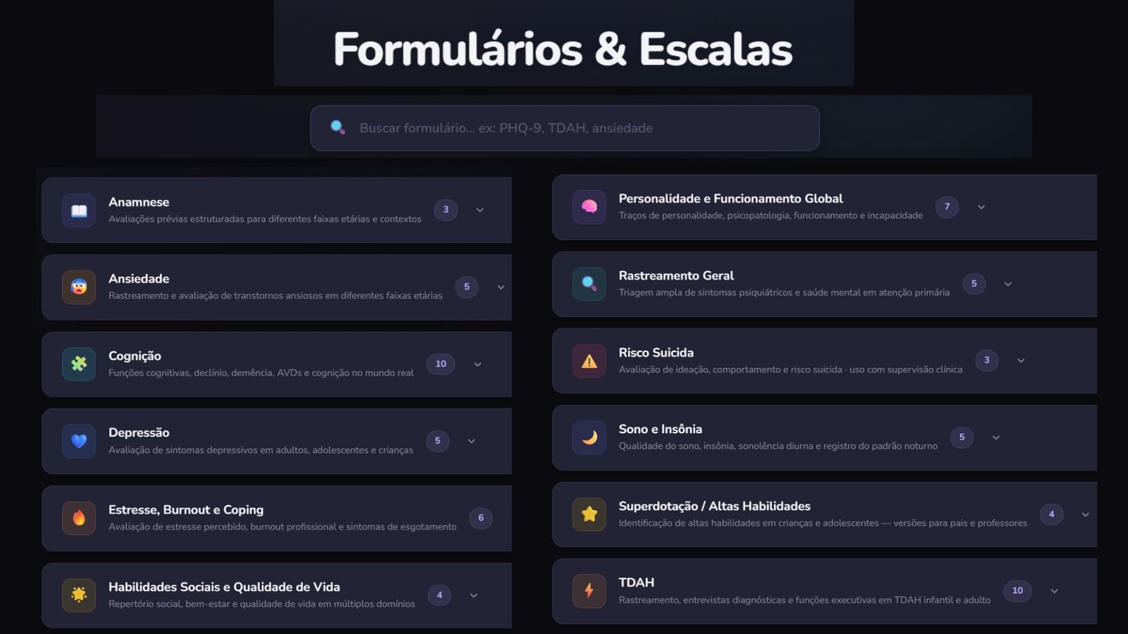 Screenshot de Formulários e Escalas OriaPsi