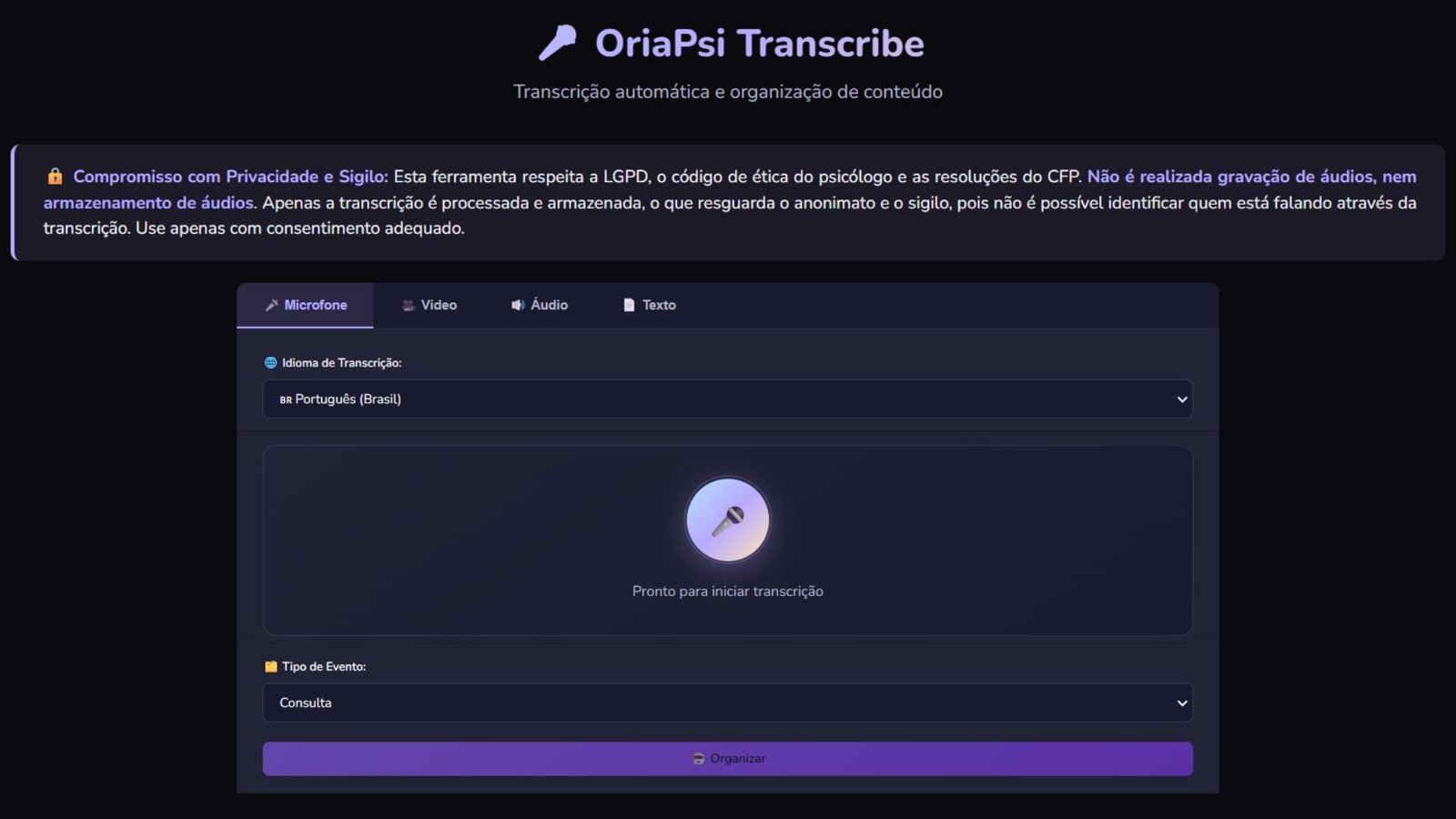 Screenshot da Transcrição OriaPsi