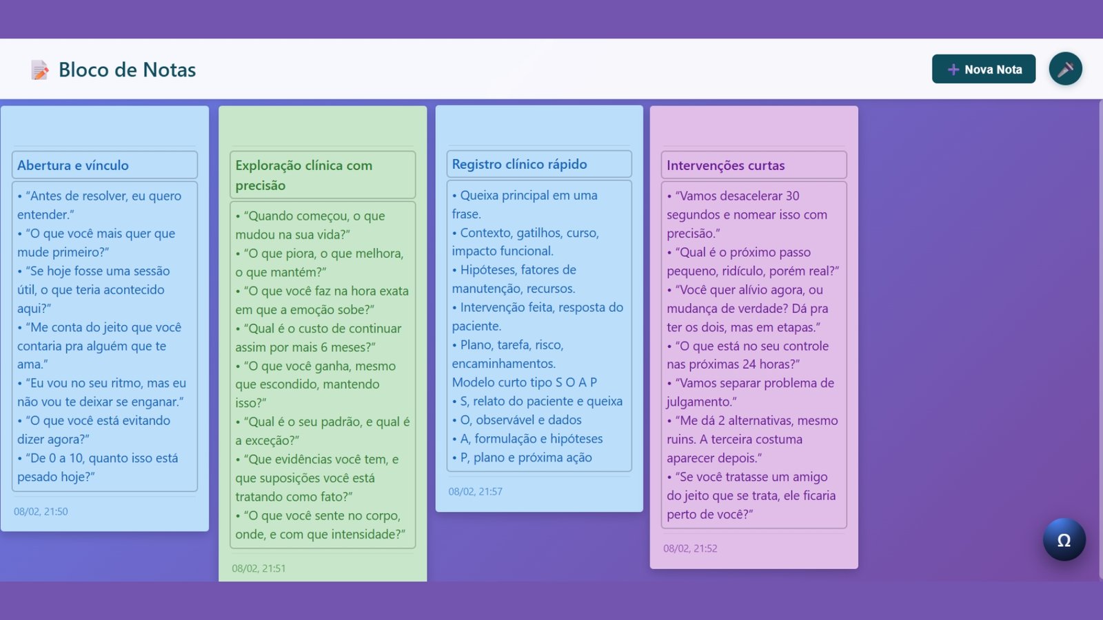 Bloco de notas e registro clínico OriaPsi