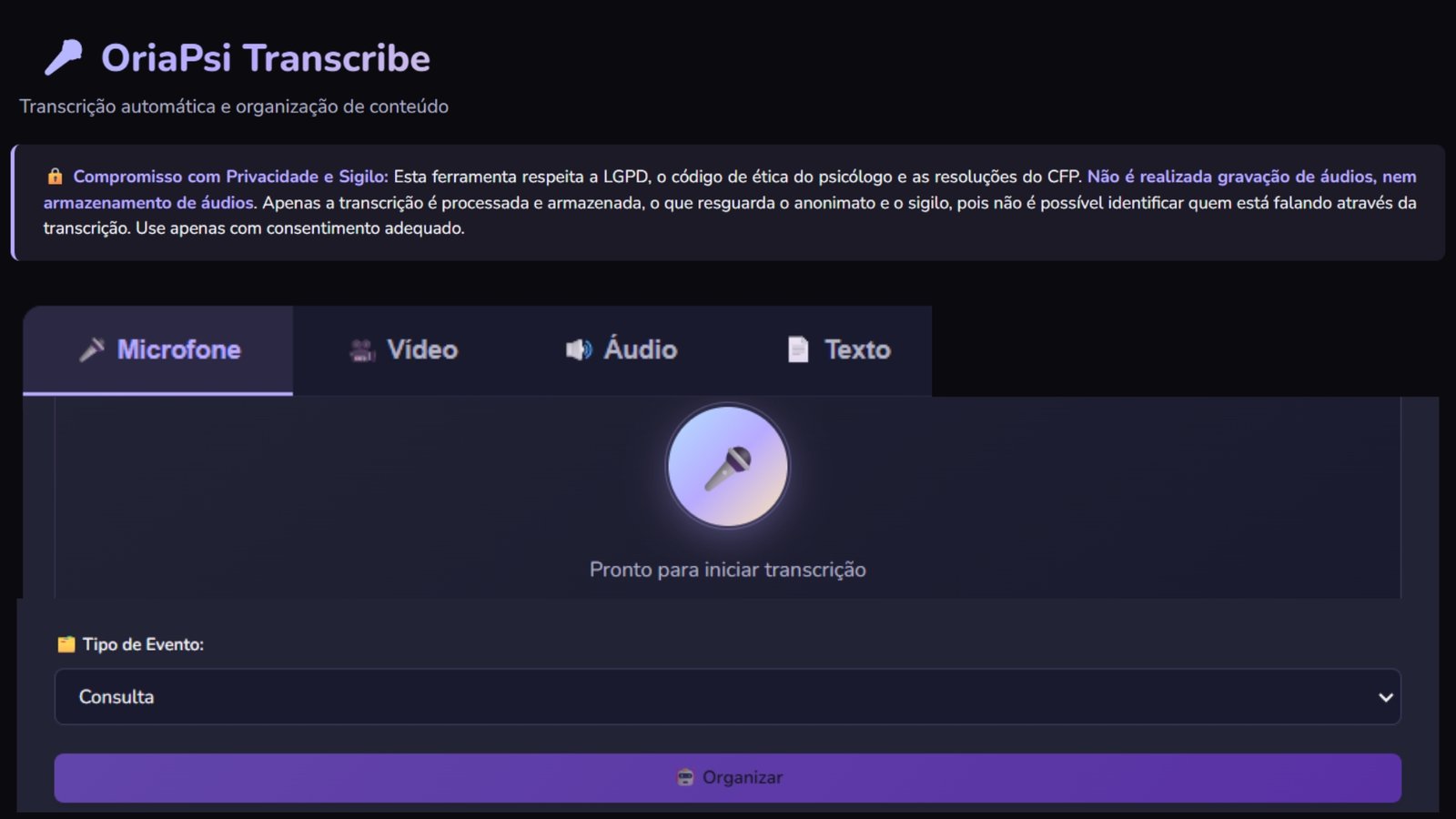 Transcrição automática OriaPsi Transcribe e LGPD
