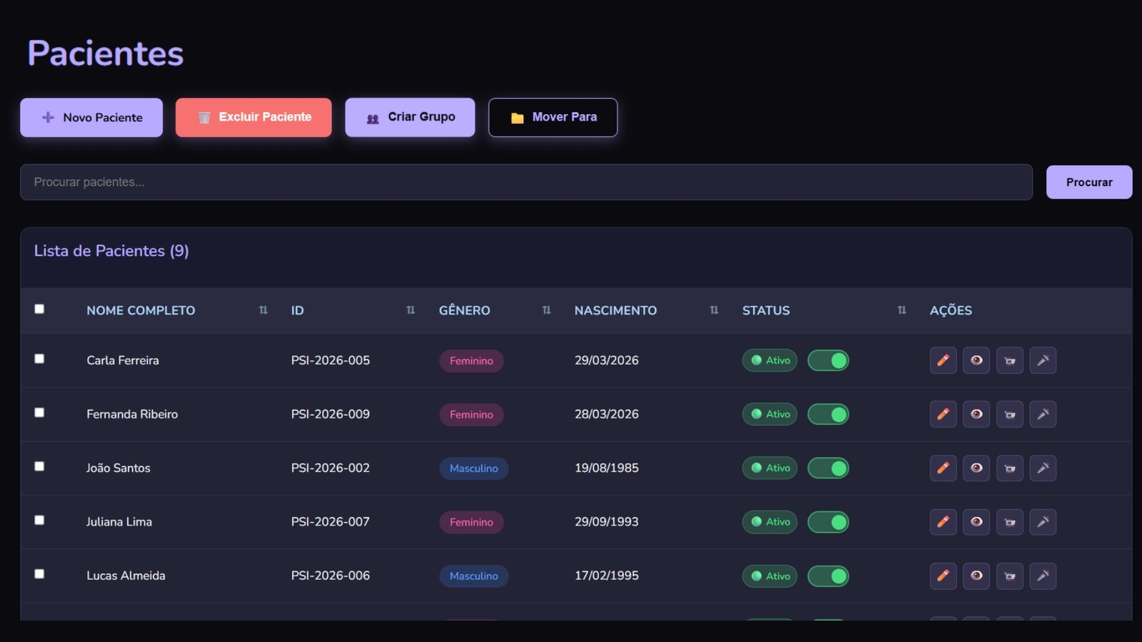 Lista de pacientes, cadastro e gestão OriaPsi
