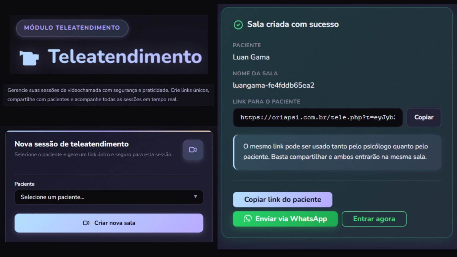 Teleatendimento e sala de atendimento online OriaPsi